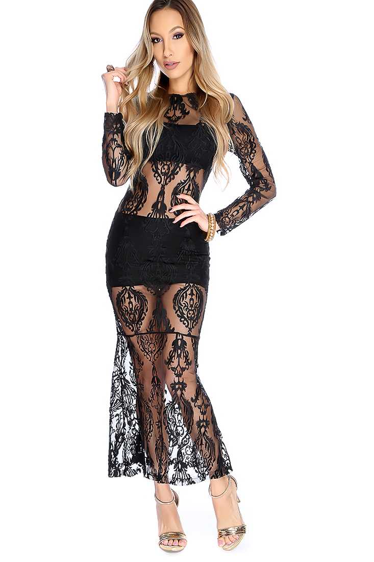 Sexy Black Long Sleeve Mesh Embroider Texture Print Cocktail Dress