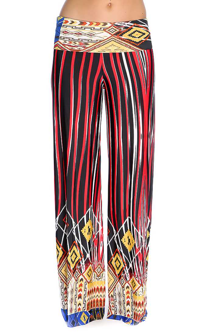 Black Red Tribal Print Wide Leg Cute Casual Pants