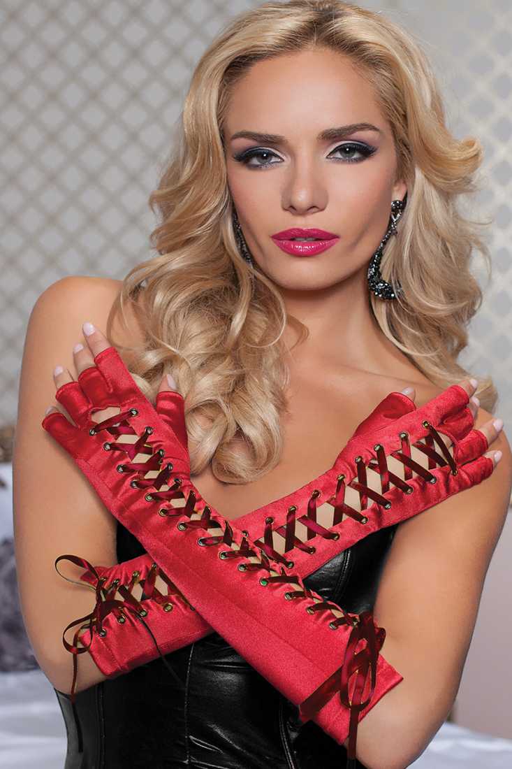 Red Elbow Length Lace Up Gloves