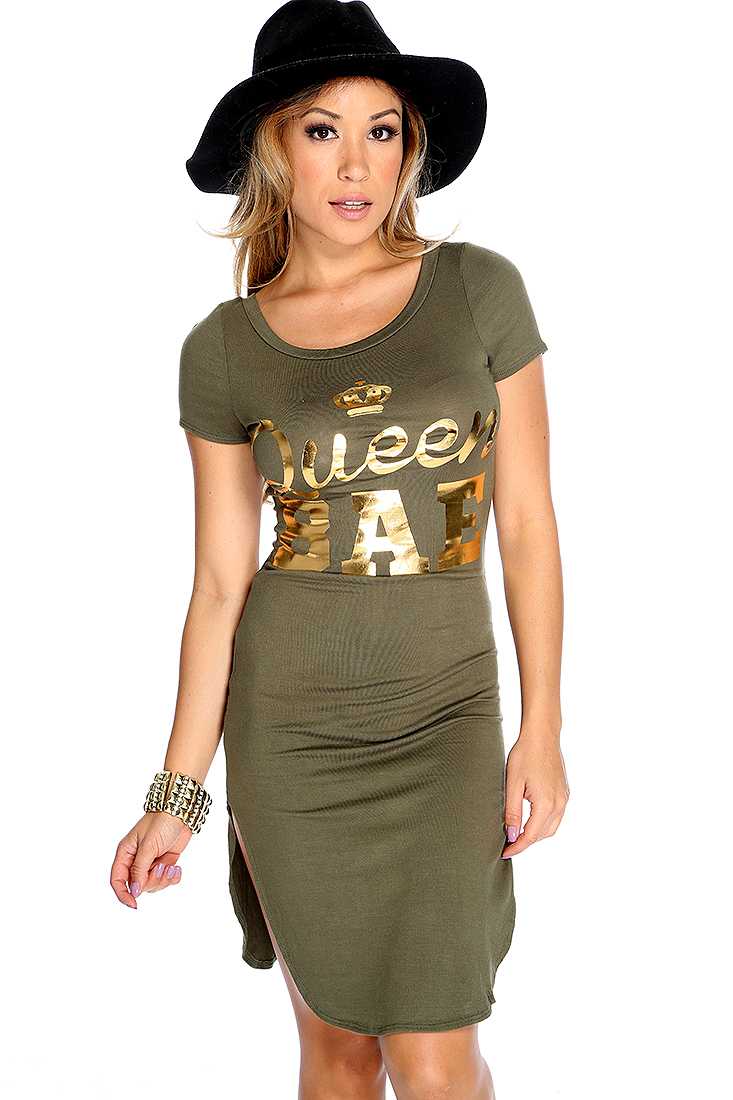 Olive Graph Design Short Sleeve Casual T-shirt Dress