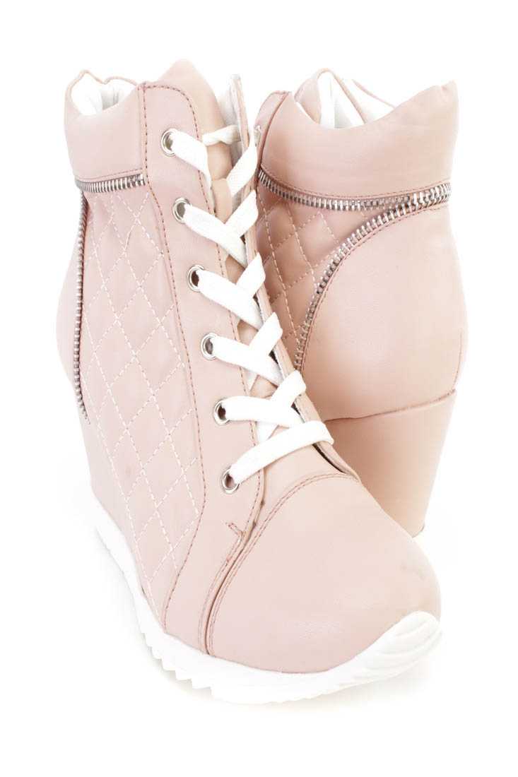 Light Coral Quilted Lace Up Sneaker Wedges Faux Leather