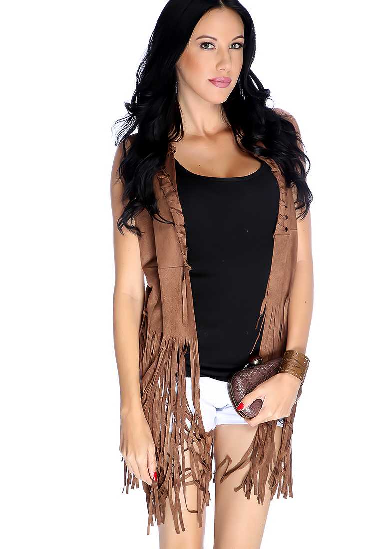 Stylish Brown Fringe Woven Cutout Vest