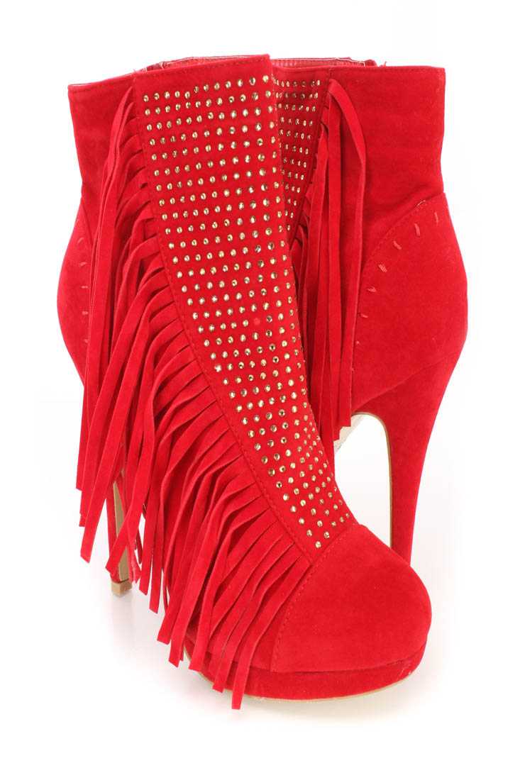 Red Rhinestone Fringe Ankle Booties Faux Suede