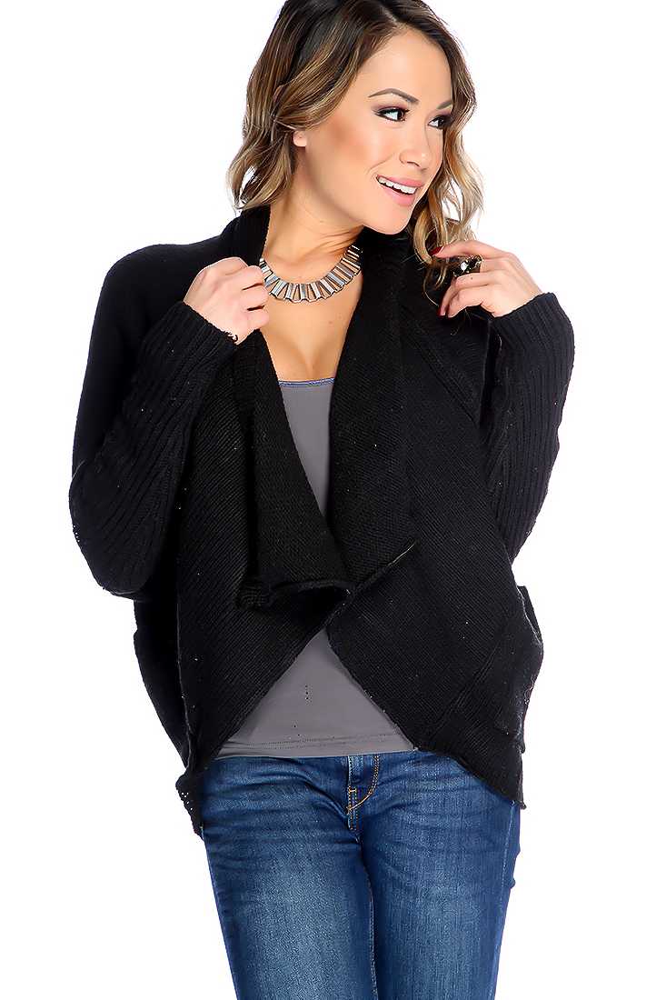 Black Knitted Open Front Long Sleeve Sweater