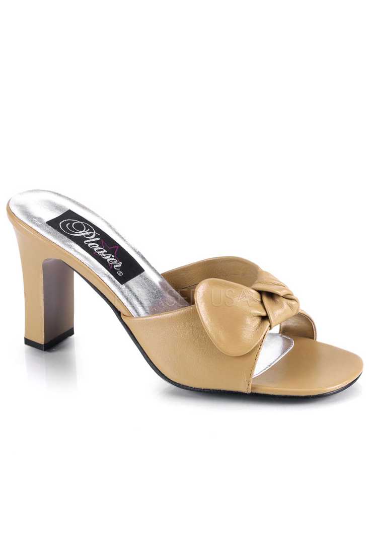 Tan Slip On Bow Tie Square Heel Heel Faux Leather