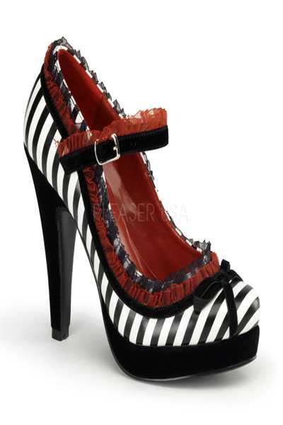 Black White Faux Leather Stripe Print Ruffled High Heels