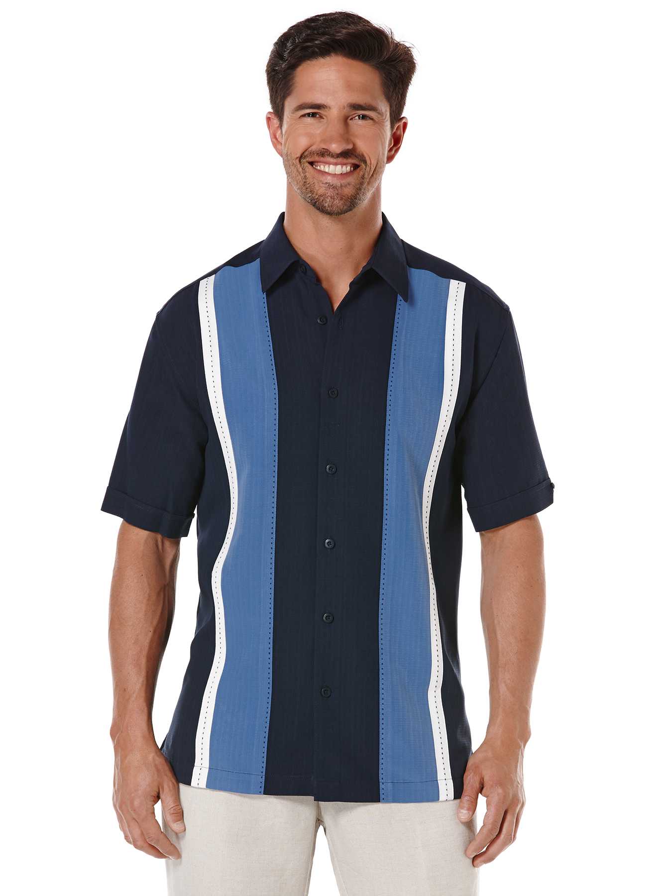 Cubavera Big & Tall Short Sleeve Texture Tri-Color Panel