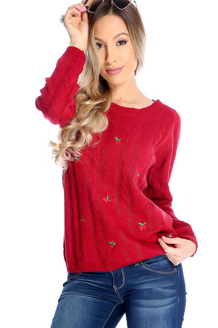 Wine Long Sleeves Cherry Accent Casual Sweater