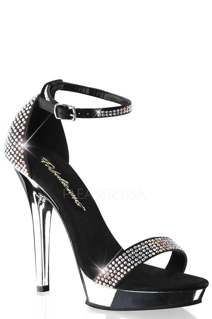 Black Chrome Platform Rhinestone High Heels Satin
