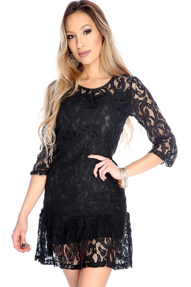 Sexy Black Embroidered Quarter Sleeve Party Dress