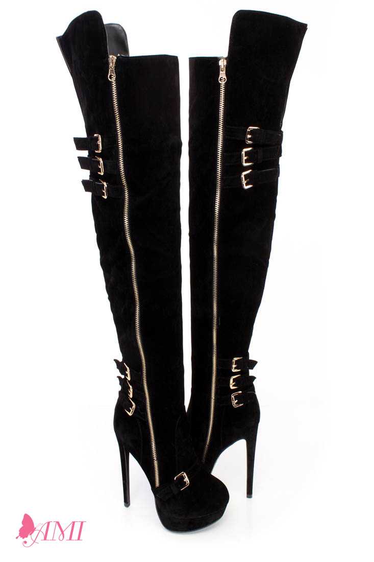 Black Buckle Accents Fall Sexy Thigh High Heel Boots Faux Suede
