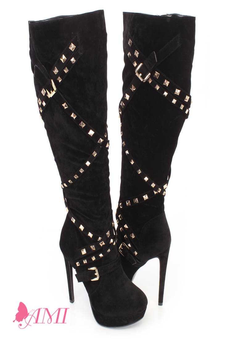 Black Studded Strappy High Heel Boots Faux Suede