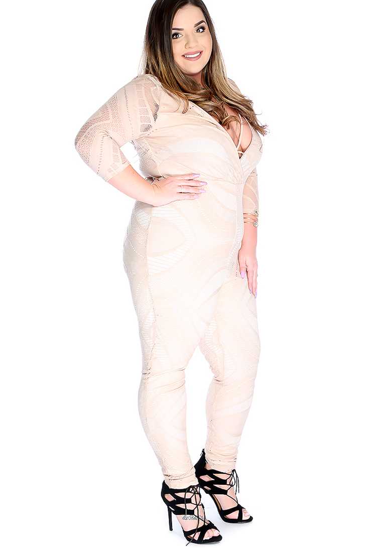 Sexy Tan Quarter Sleeve Cutout Detail Plus Size Jumpsuit