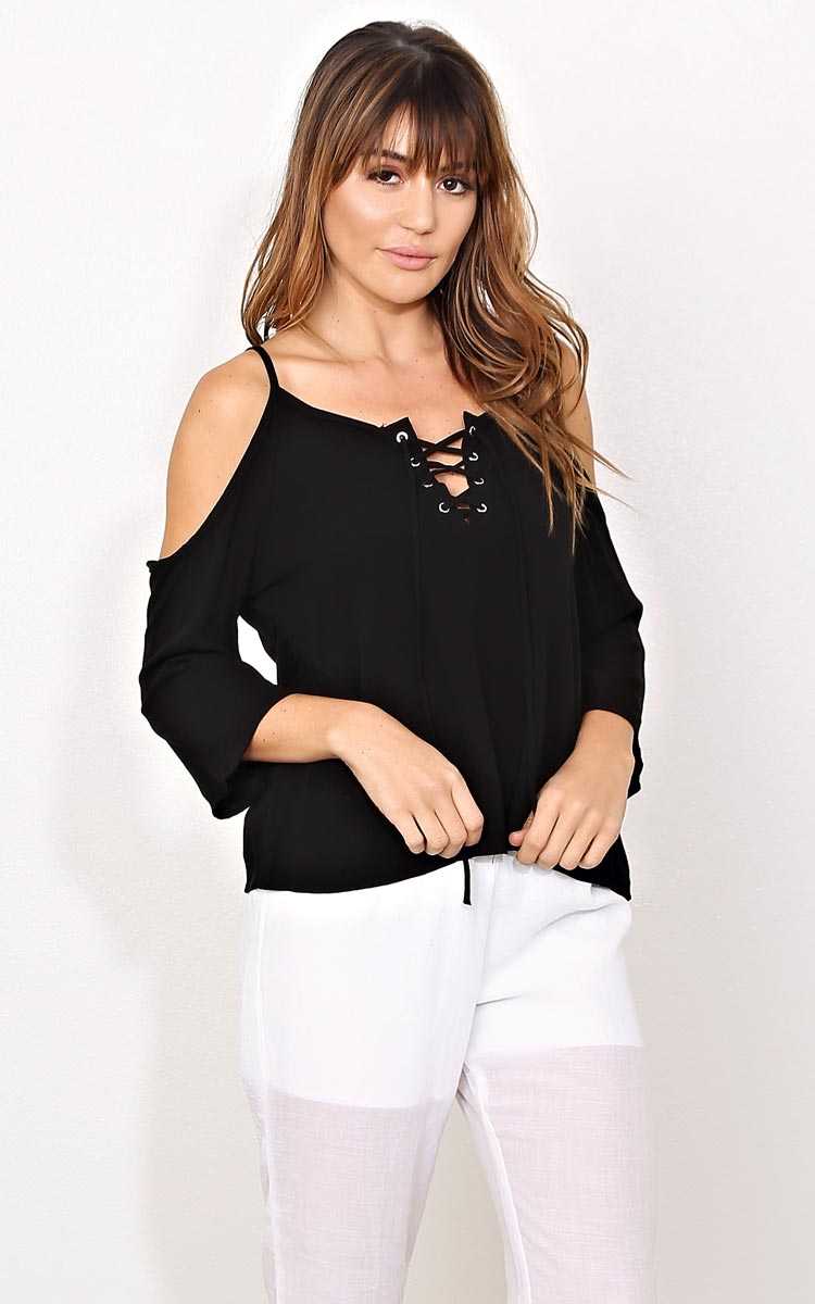 Lana Black Cold Shoulder Woven Top - - Black in Size by Styles For Less