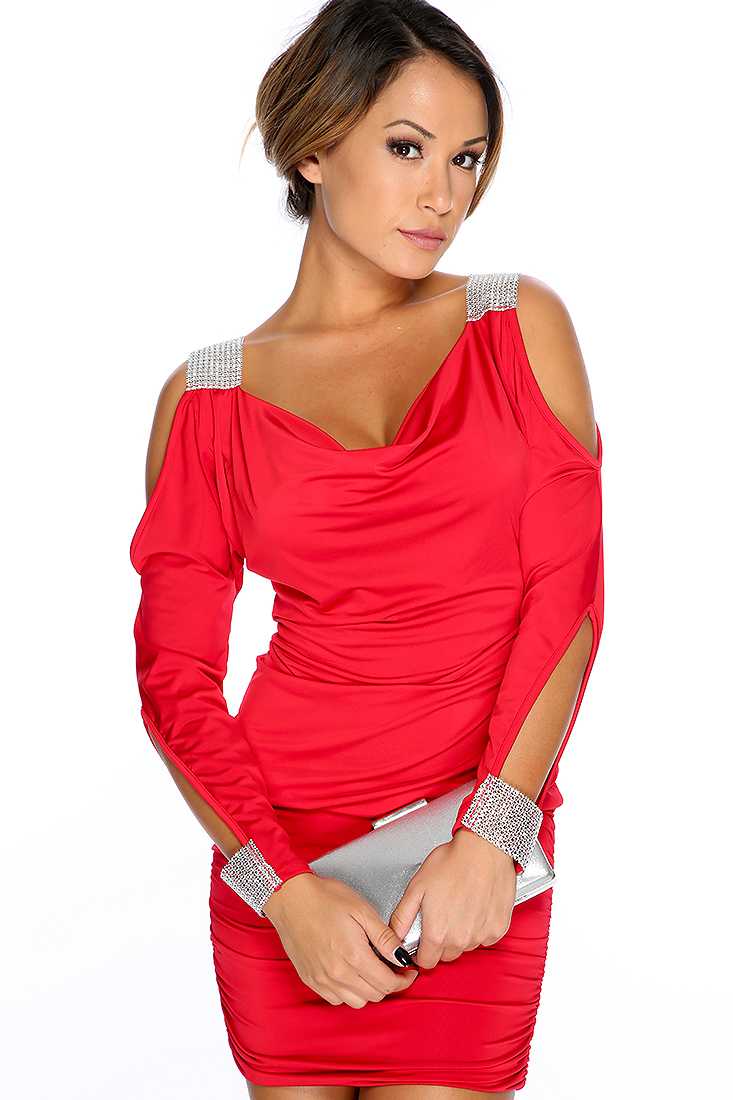Red Long Sleeve Rhinestone Dress
