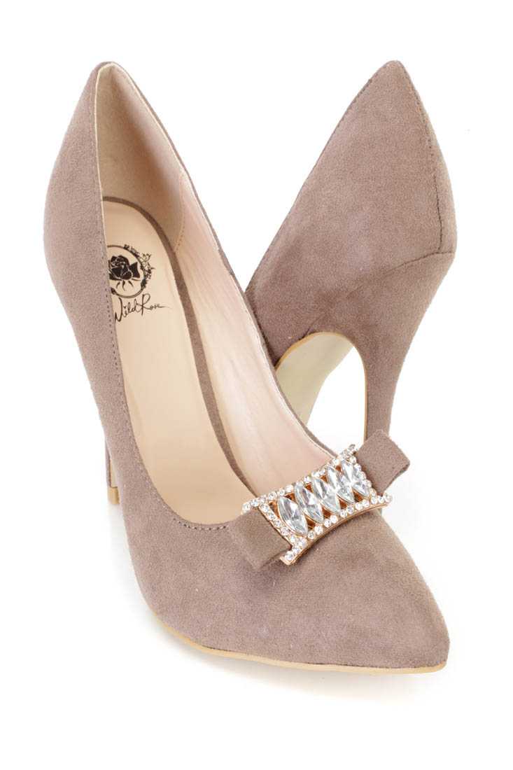 Taupe Rhinestone Decor Single Sole Pump Heels Faux Suede