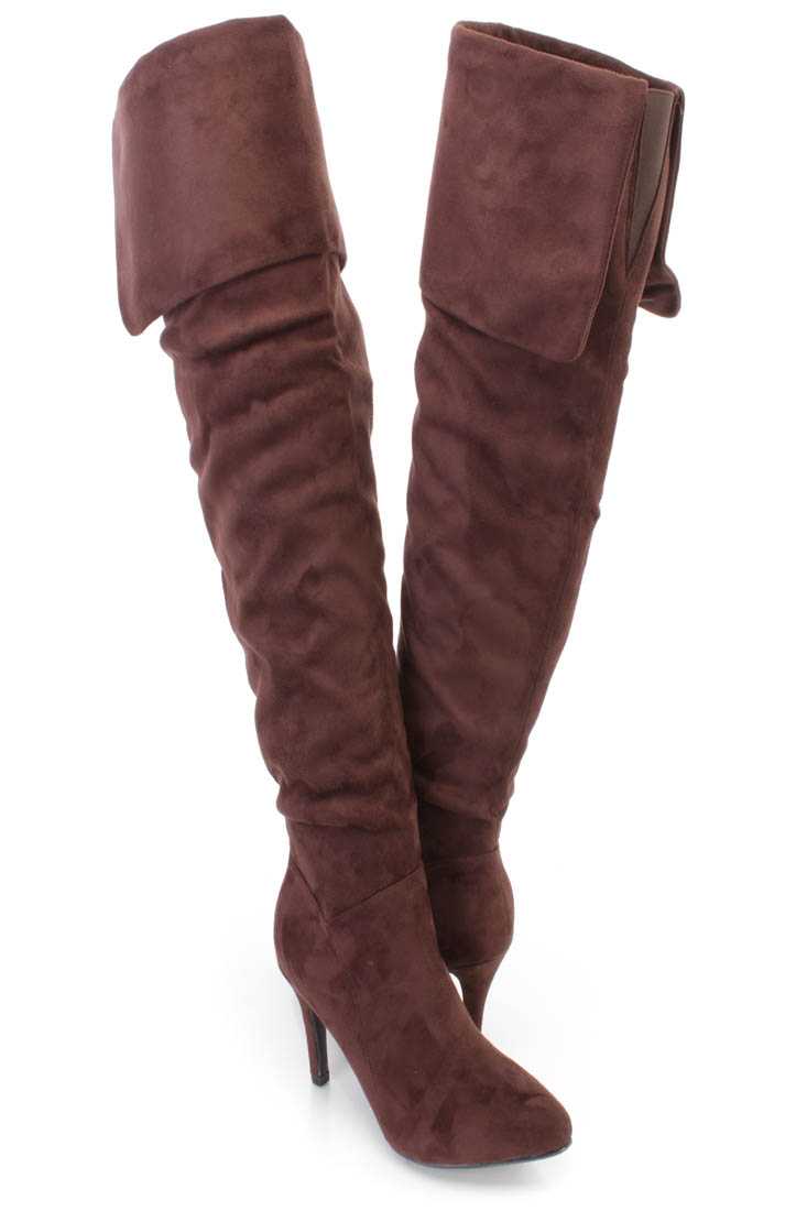 Brown Cuffed Thigh High Heel Boots Faux Suede