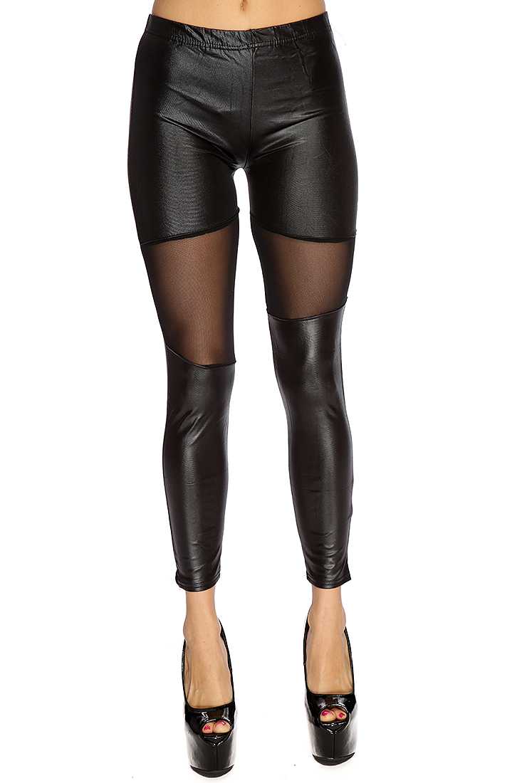 Black Faux Leather Mesh Cut Out Leggings