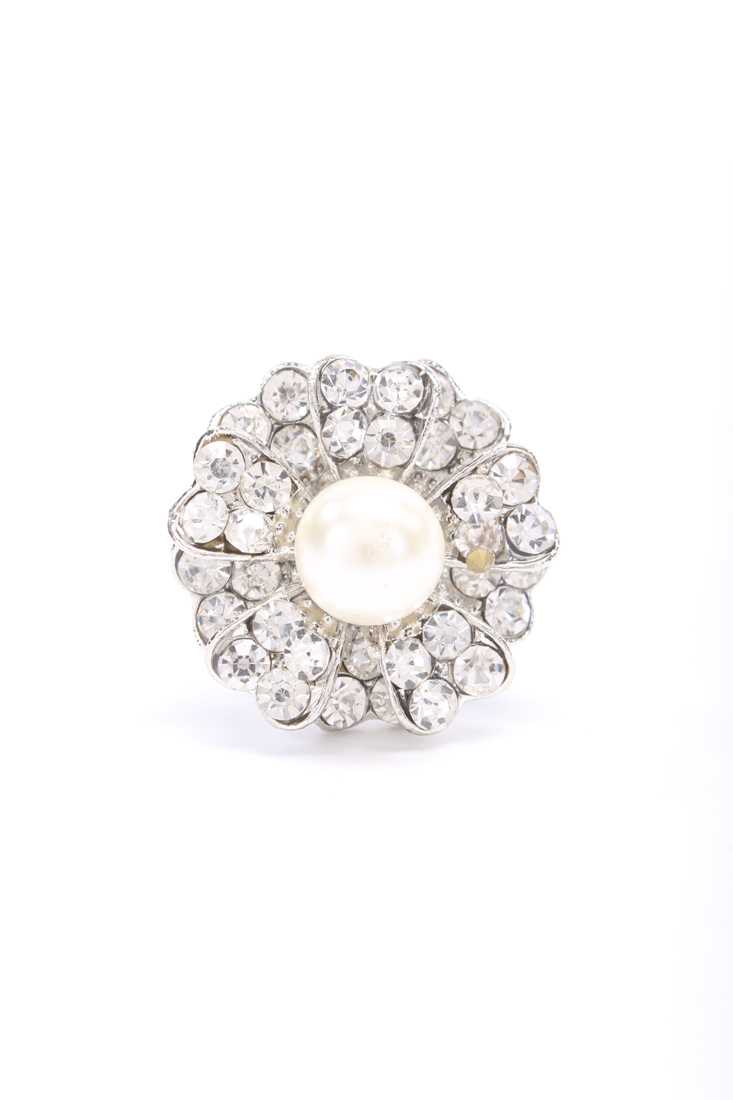Silver Diamond Gemstone Clustered Petals Centered Faux Pearl High Polish Accent Ring
