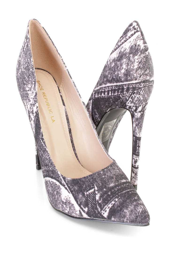 Black Demin Print Single Sole Pump Heels Fabric