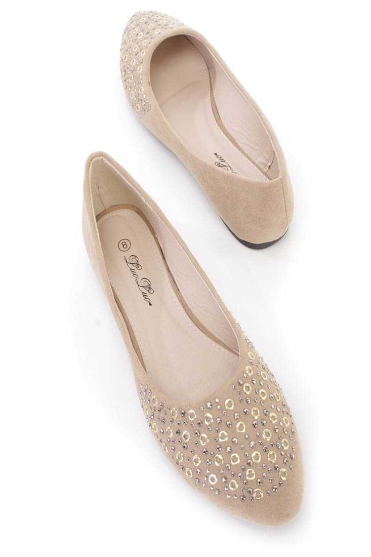 Khaki Studded Almond Toe Ballerina Flats Faux Suede