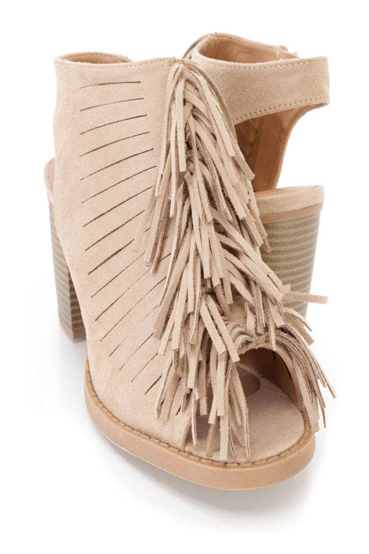 Oatmeal Fringe Peep Toe Chunky High Heels Faux Suede