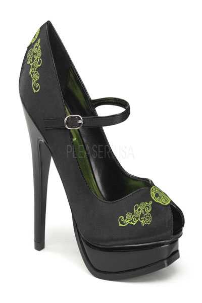 Black Lime Satin Embroidery Mary Jane Pumps