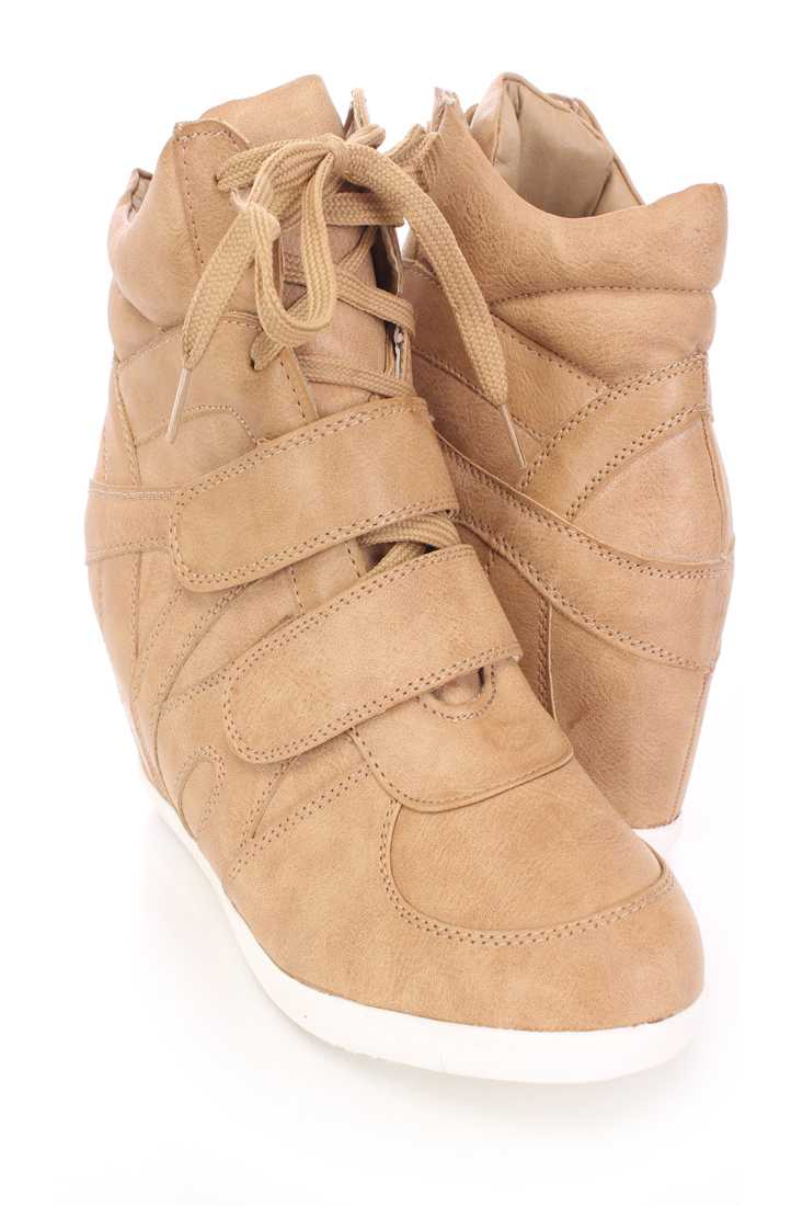 Camel Lace Up Strappy Sneaker Wedges Faux Leather