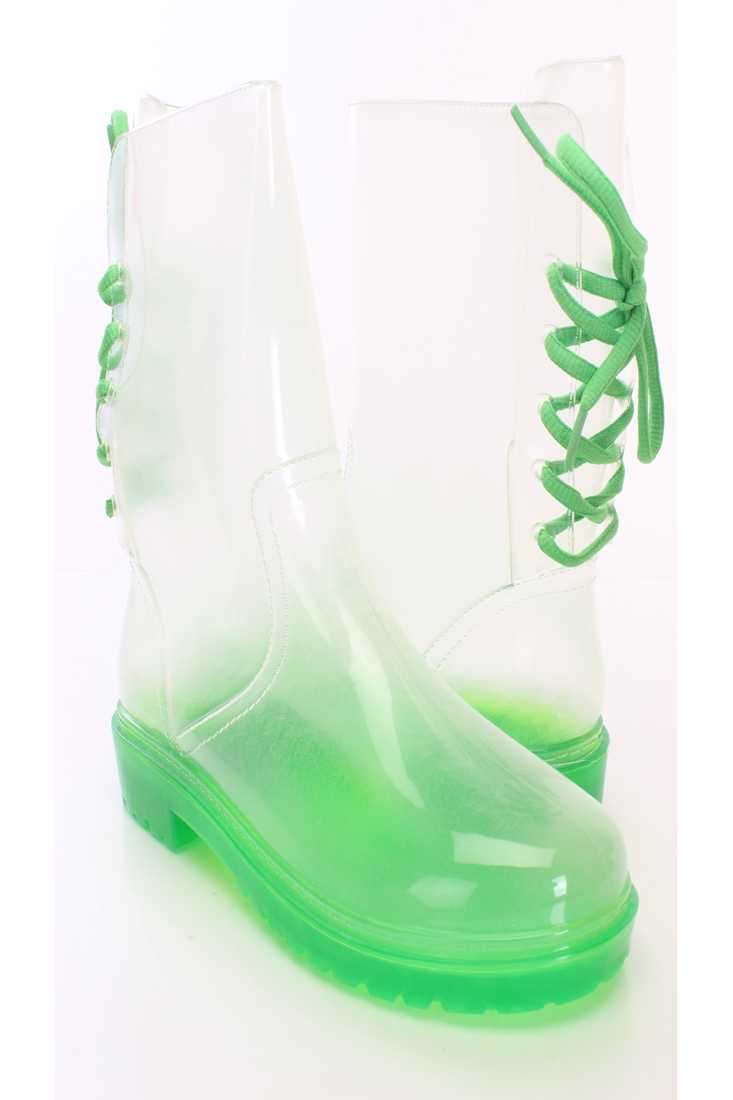 Green Back Lace Up Jelly Boots PVC