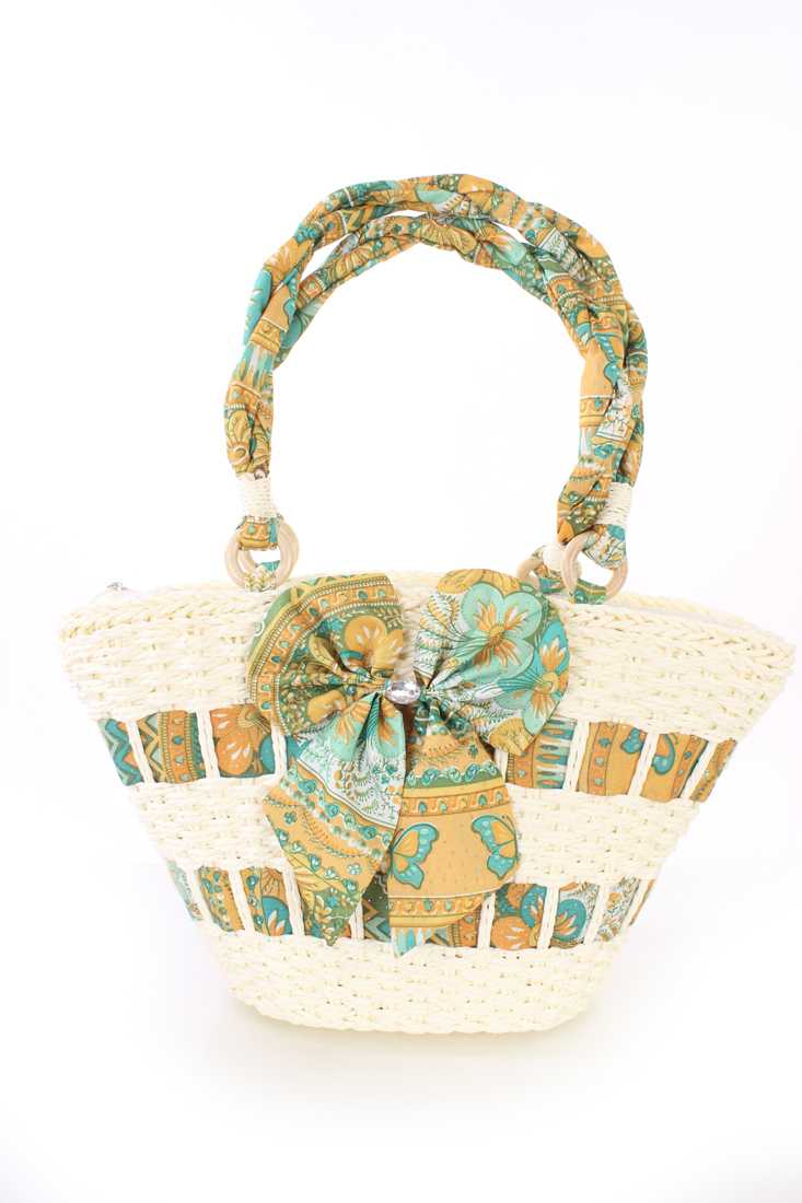 Green Straw Ribbon Woven Bow Accent Handbag