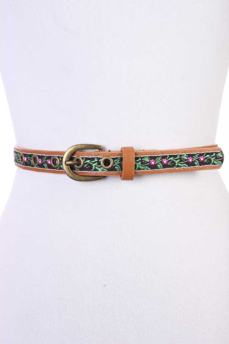Tan Floral Sown In Design Faux Leather Belt