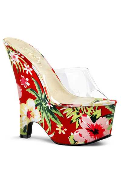 Clear Red Floral Print Platform Wedges