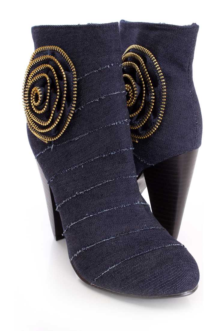 Blue Denim Fabric Zipper Floral Ankle Booties