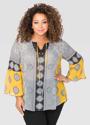 Printed Bell Sleeve Boho Top