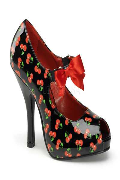 Black Red Patent Faux Leather Cherry Print Maryjane High Heels