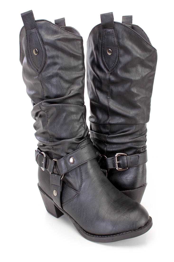 Black Slouchy Western Style Boots Faux Leather