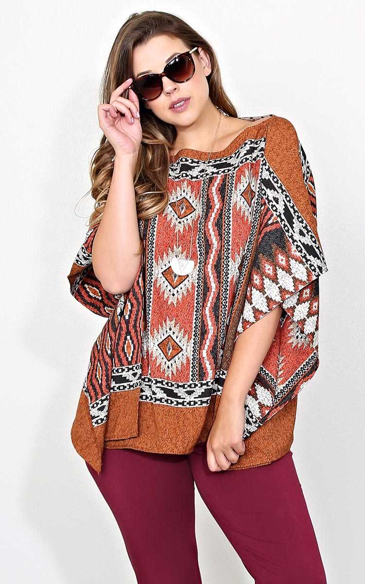 Plus Size Aztec Sol Woven Poncho - Rust Combo in Size 1X by Styles For Less