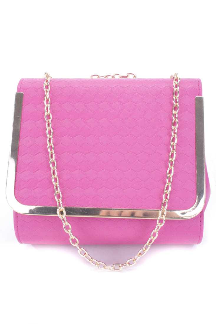 Fuchsia Faux Leather Textured Pattern Frame Handbag