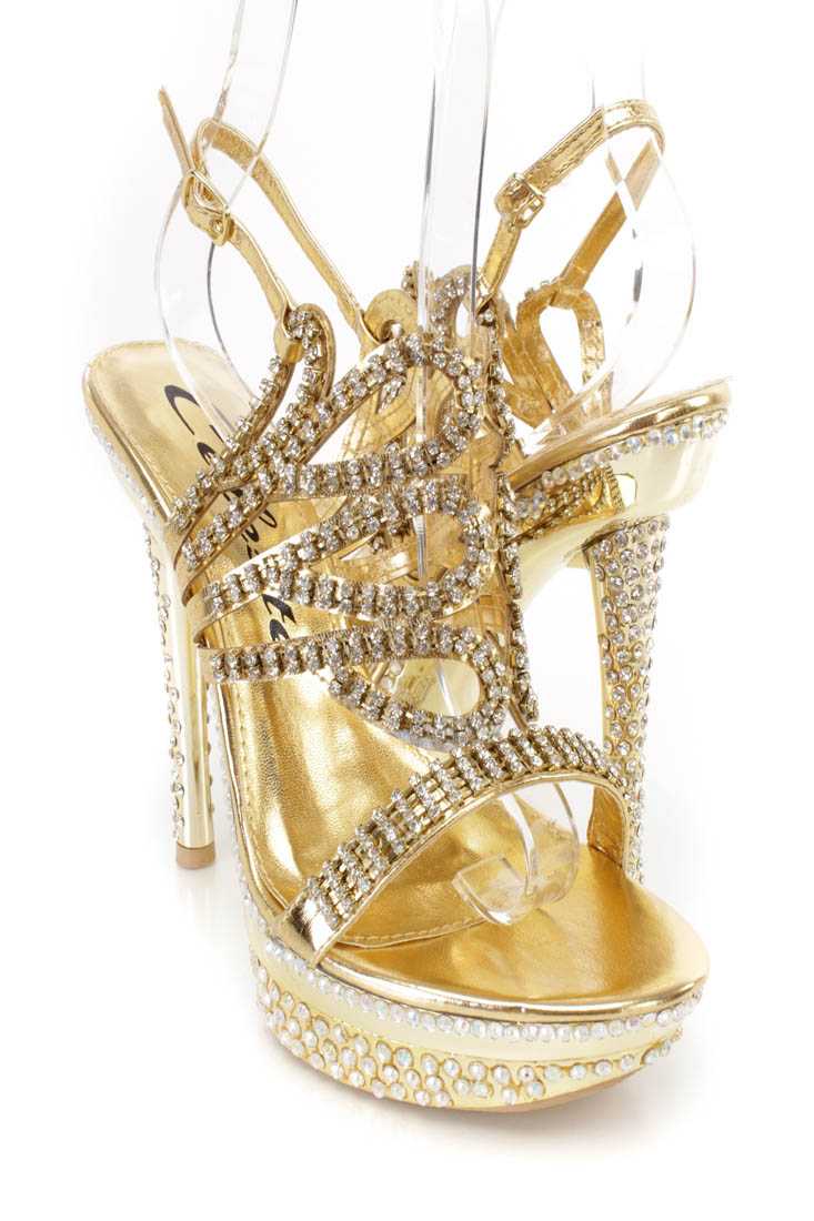 Gold Rhinestone Strappy Platform High Heels Faux Leather