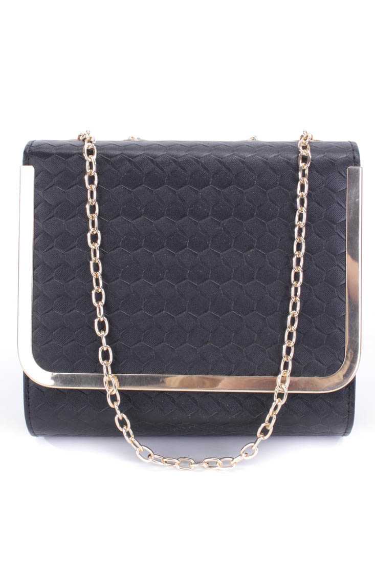 Black Faux Leather Textured Pattern Frame Handbag
