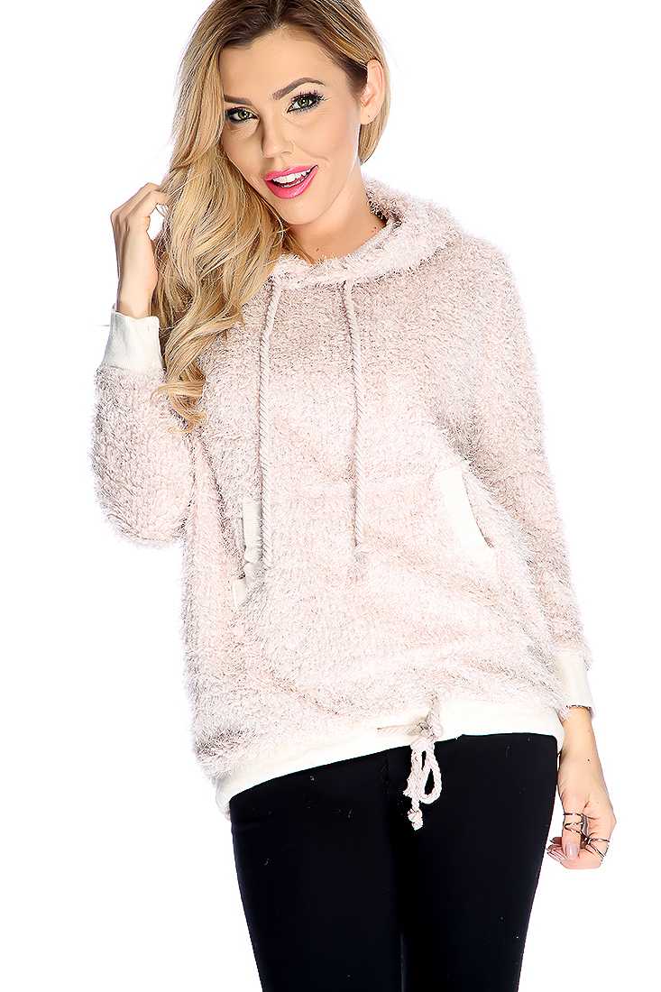 Beige Hoodie Long Sleeves Faux Fur Detailing Two Tone Front Pocket Sweater
