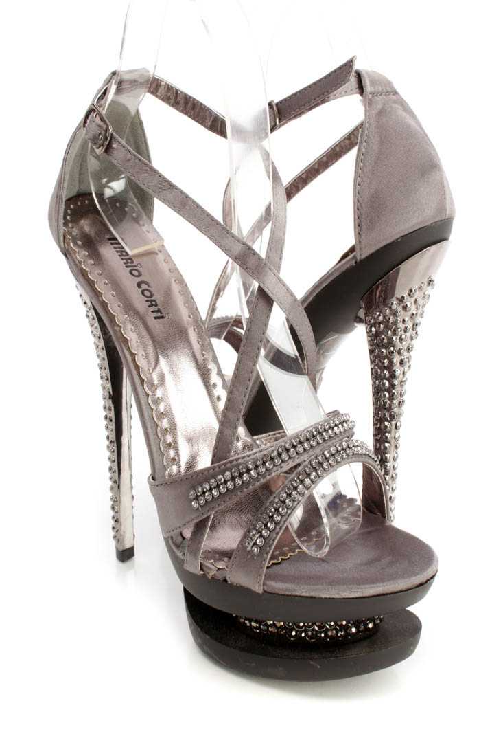 Pewter Rhinestone Cross Strappy 6 Inch High Heels Satin