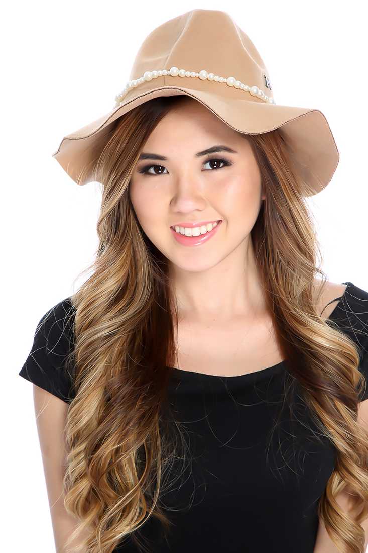 Tan Faux Pearl Trim Fabric Floppy Hat