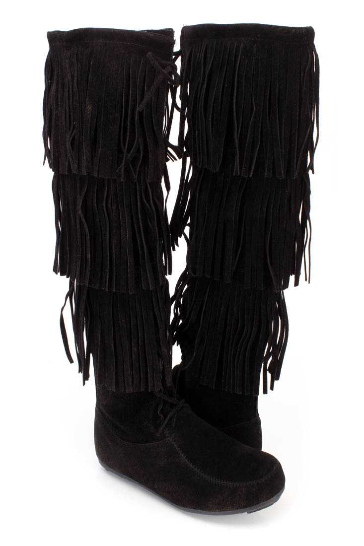 Black Fringe Tiered Knee High Boots Faux Suede