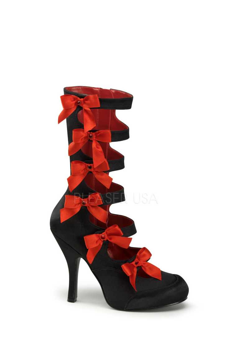 Black Red Bow Tie Strappy Boots Satin