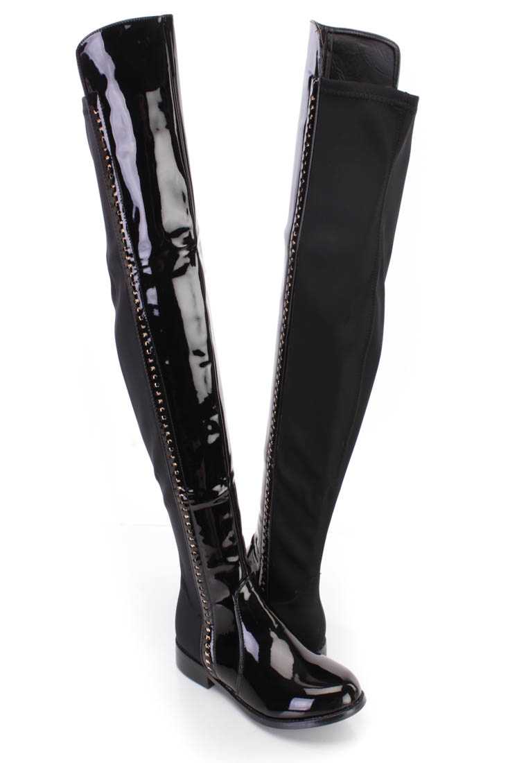 Black High Polish Accent Thigh High Riding Boots Patent