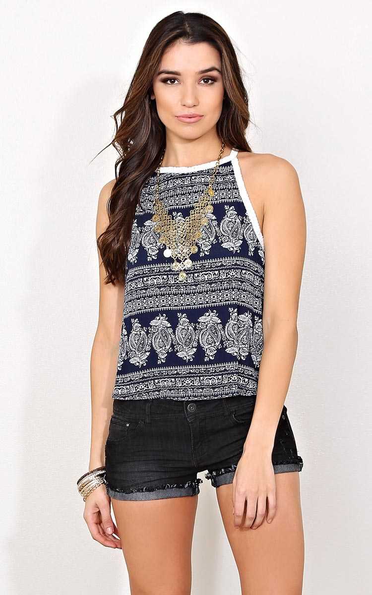Paisley Fringe Woven Tank - MED - Navy in Size Medium by Styles For Less