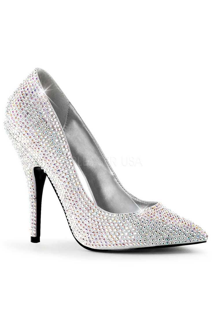 Silver Rhinestone Single Sole Pump High Heels Satin