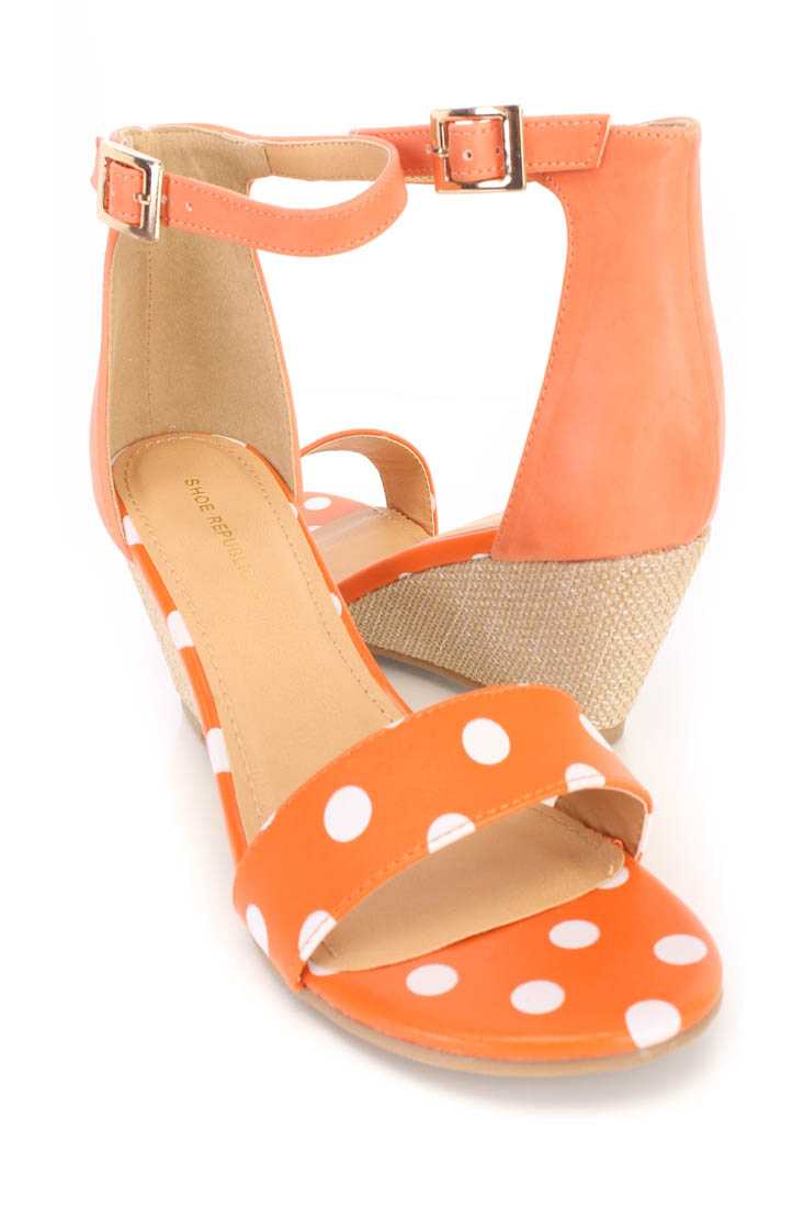 Orange Polka Dot Open Toe Wedges Faux Leather