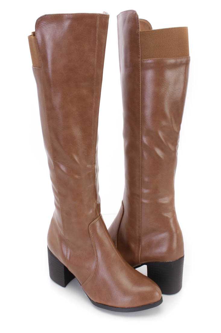 Taupe Knee High Chunky Heel Boots Faux Leather
